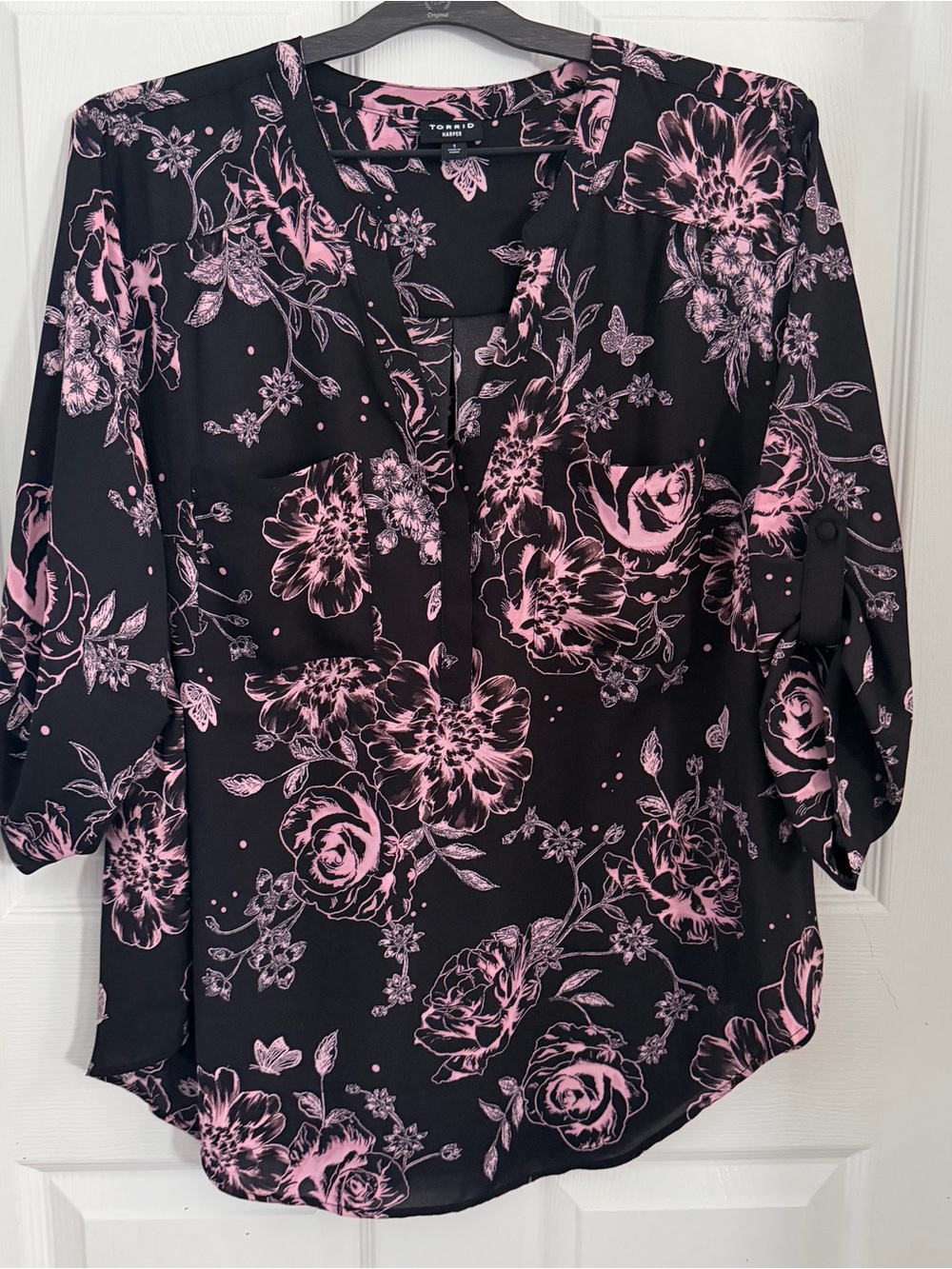 torrid Harper Black with Pink Floral V-Neck Blouse